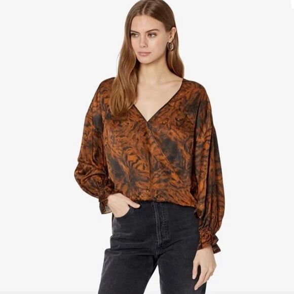 AllSaints Penny Grizedale Cat Print Wrap Front Blouse - Picture 1 of 8